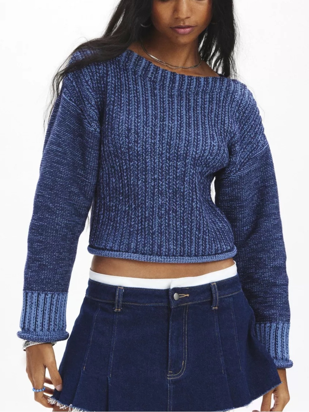 Urban Outfitters BDG Maria Boatneck Pullover Sweater Crop Roll Trim Blue NWT-M